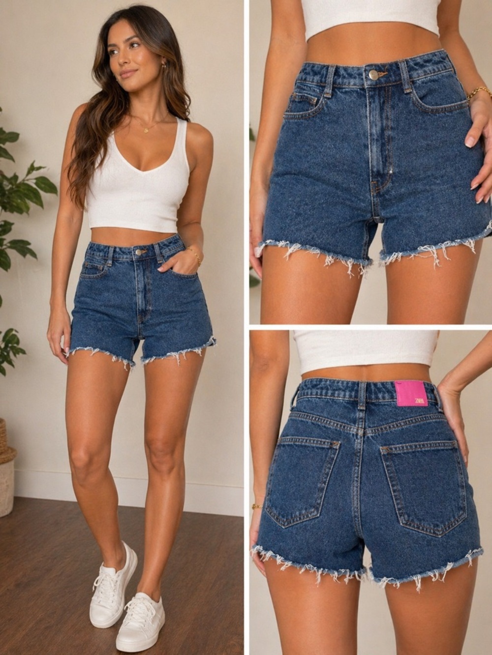Zara Dark Blue High-Rise Cotton Frayed Hem Denim Cutoff Shorts size 2